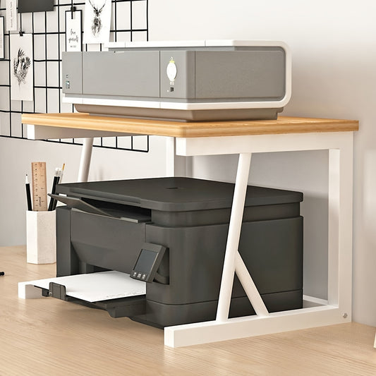 Durable metal printer stand with storage shelf, ideal for home and office organization.