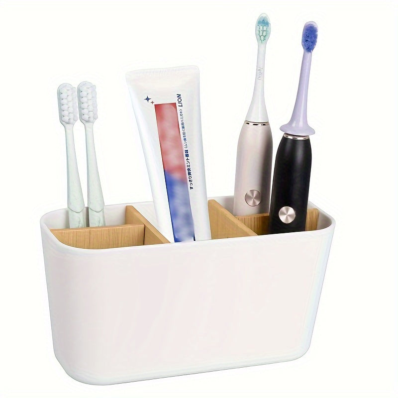 Toothbrush holder with 5 slots, freestanding countertop organizer for toothbrushes and toothpaste, saves space in bathroom.