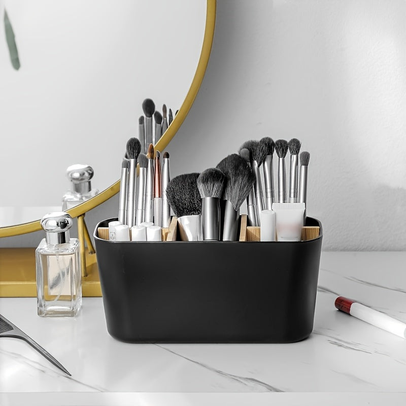 Toothbrush holder with 5 slots, freestanding countertop organizer for toothbrushes and toothpaste, saves space in bathroom.