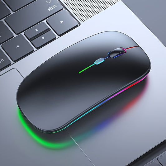 Rechargeable LED wireless mouse with dual mode, silent operation, and ergonomic design. Suitable for various devices like laptops, desktops, and tablets.