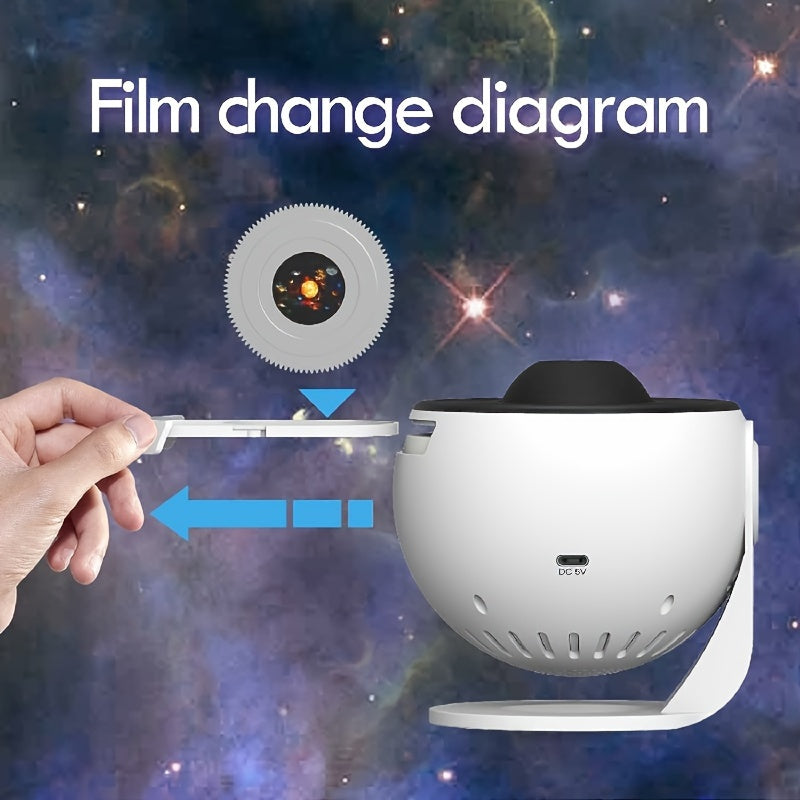 Galaxy projector with 12 replacement plates for adult bedroom or living room decoration, featuring high definition images of solar system constellations and the moon.