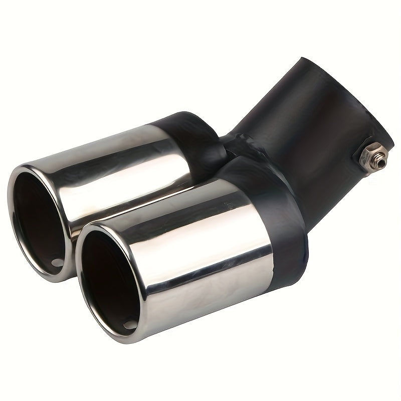 Universal dual air outlet exhaust head in chrome stainless steel for automotive rear tailpipe accessories.