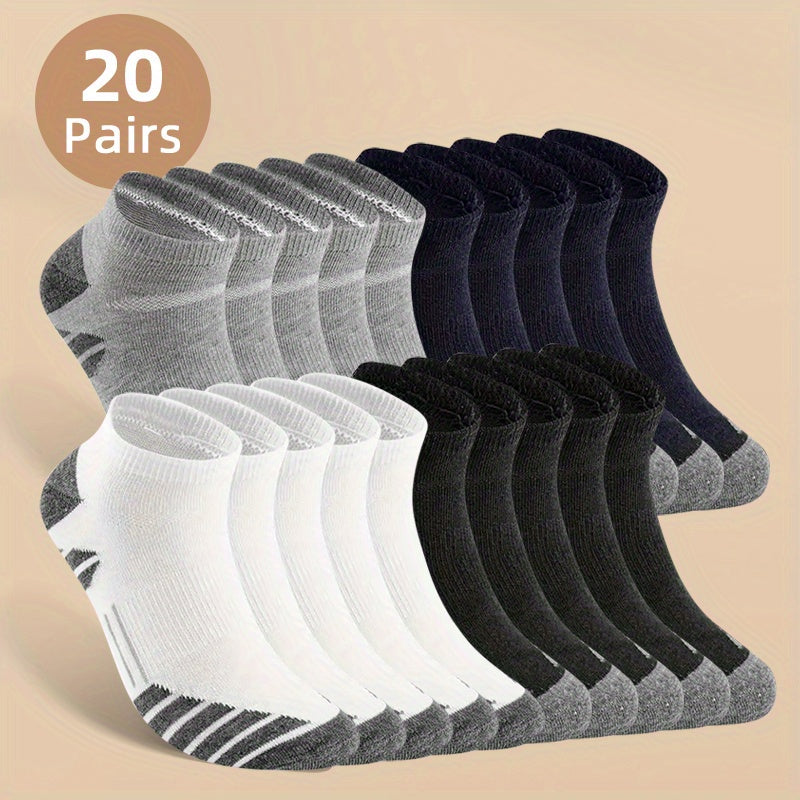 Men's low cut socks, anti-odor and sweat absorption, suitable for daily and outdoor wear in all seasons. Comes in a pack of 10 or 20 pairs. Comfortable and breathable.