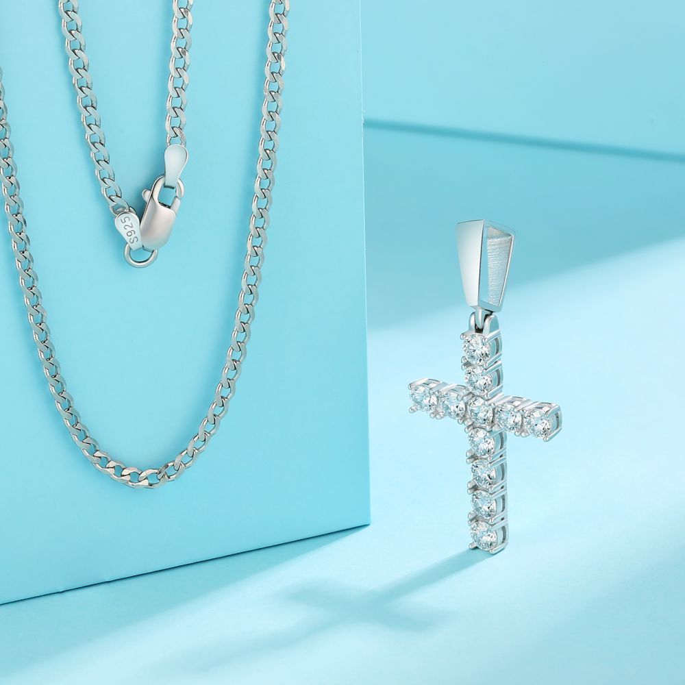 Sterling Silver Moissanite Cross Necklace Pendant for Wedding Bride and Groom Halloween Matching Dress Banquet, Hypoallergenic and Elegant. Perfect for Mature Wind Honeymoon Vacation, Birthday, Anniversary, Valentine's Day. Comes with Gift Box