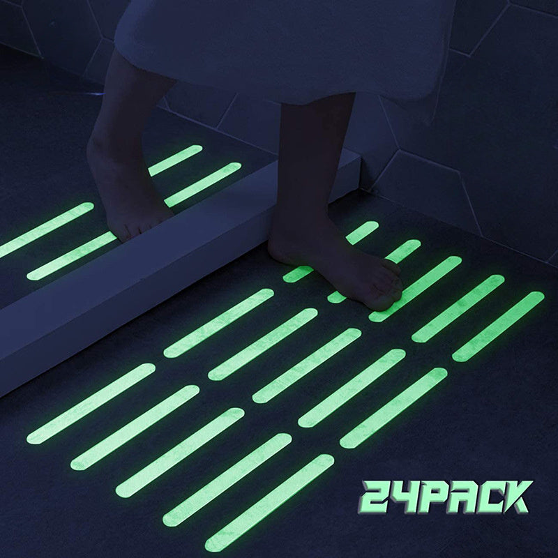 24 pieces of glowing non-slip stickers for bathtubs, showers, boats, stairs, pool safety. These adhesive treads glow in the dark for added visibility.