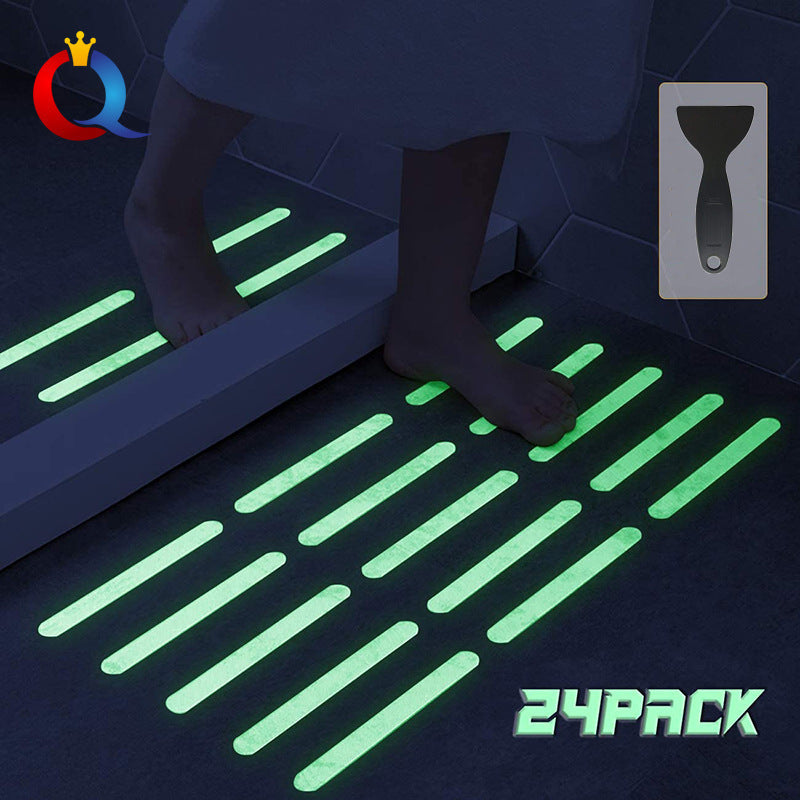 24 pieces of glowing non-slip stickers for bathtubs, showers, boats, stairs, pool safety. These adhesive treads glow in the dark for added visibility.