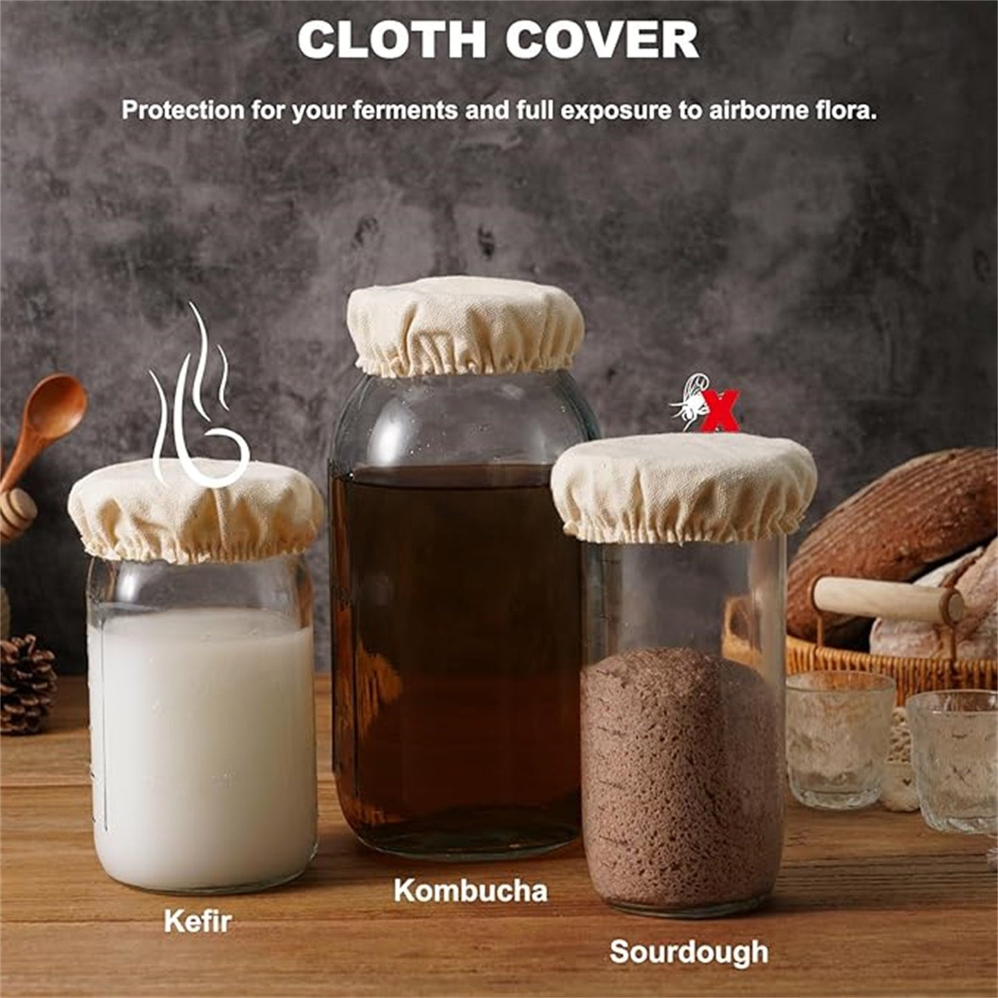 Set of 5 Multi-Layer Fabric Covers for Fermenting Sourdough, Kombucha & Cheese - Designed to Fit Jars with 7.62-10.16cm Openings, Must-Have Kitchen Tools