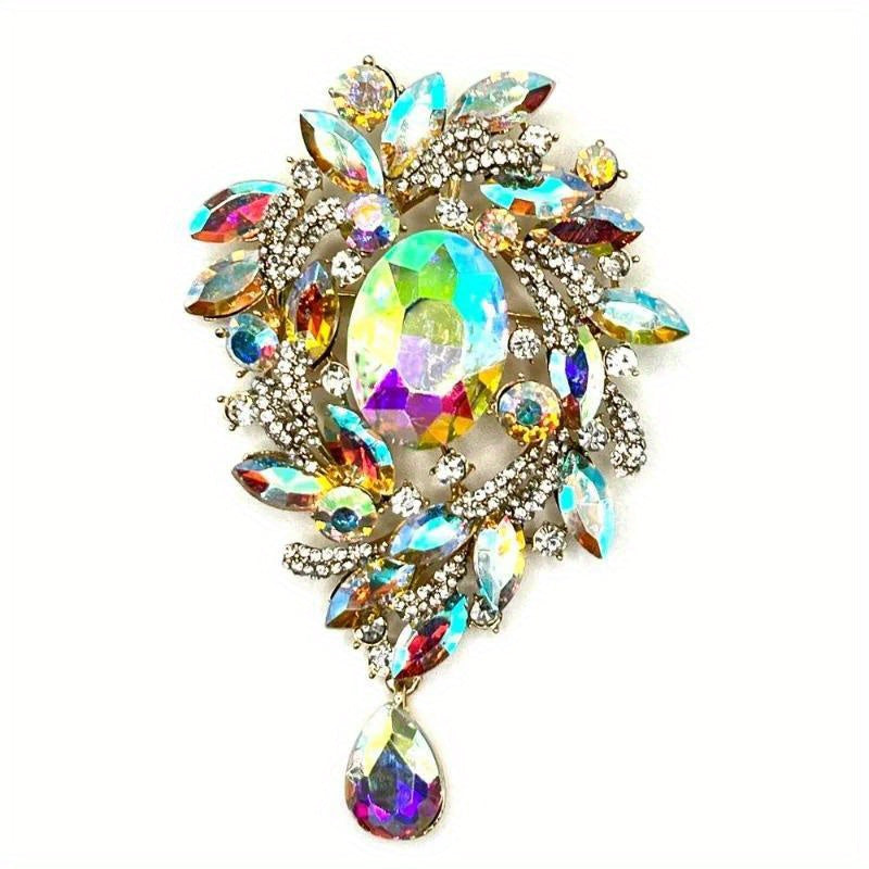 Vintage Glass Rhinestone Alloy Brooch Pin, Elegant Breast Flower Gem Coat Accessory, Exquisite Water Drop Breast Pin