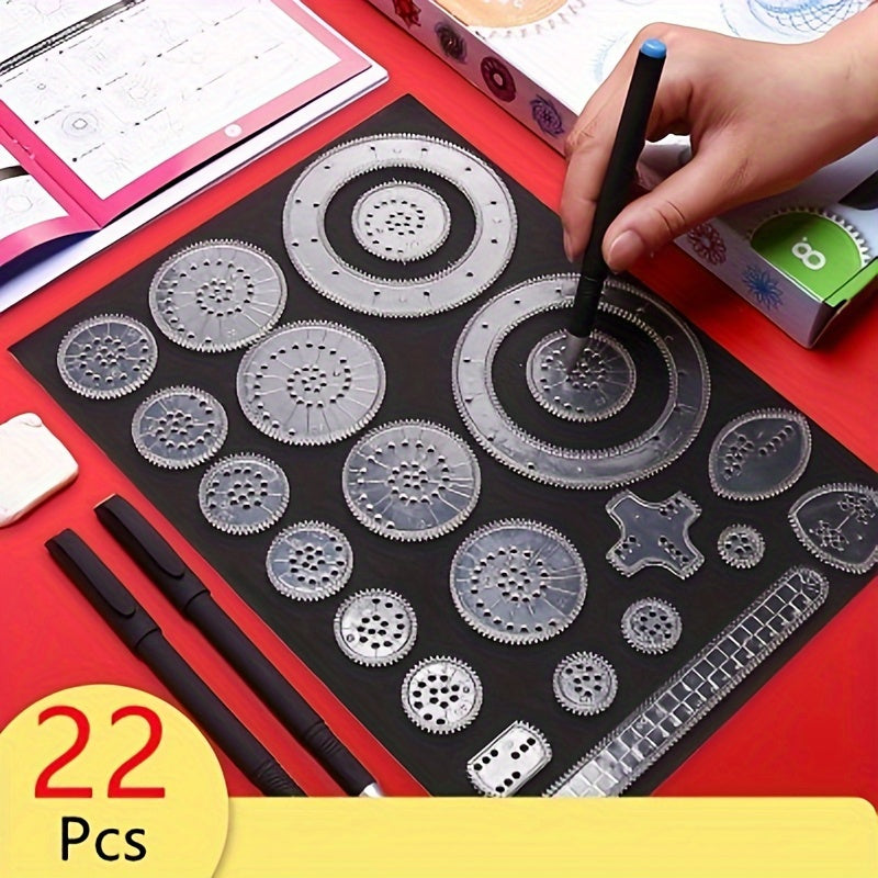 22-piece precision ruler set for intricate gear designs made of durable PC material with stencils, markers, and ideal for detailed drawing on black paper.