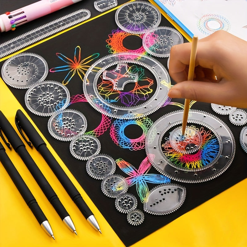 22-piece precision ruler set for intricate gear designs made of durable PC material with stencils, markers, and ideal for detailed drawing on black paper.