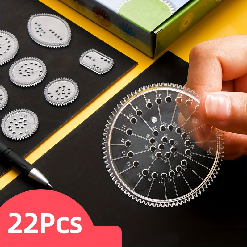 22-piece precision ruler set for intricate gear designs made of durable PC material with stencils, markers, and ideal for detailed drawing on black paper.