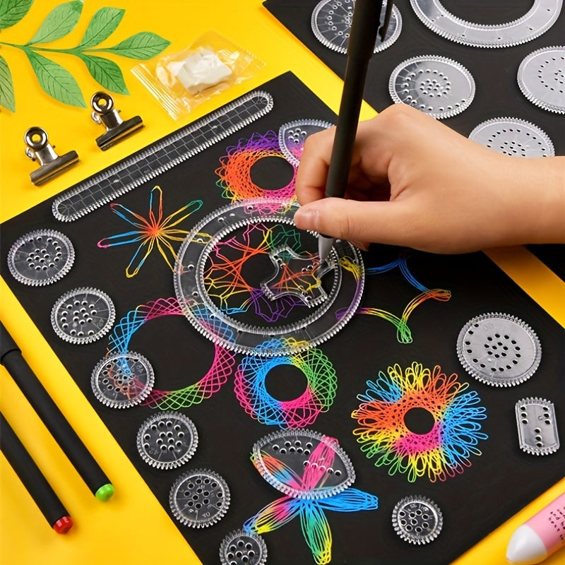 22-piece precision ruler set for intricate gear designs made of durable PC material with stencils, markers, and ideal for detailed drawing on black paper.