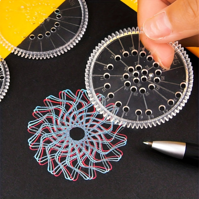 22-piece precision ruler set for intricate gear designs made of durable PC material with stencils, markers, and ideal for detailed drawing on black paper.