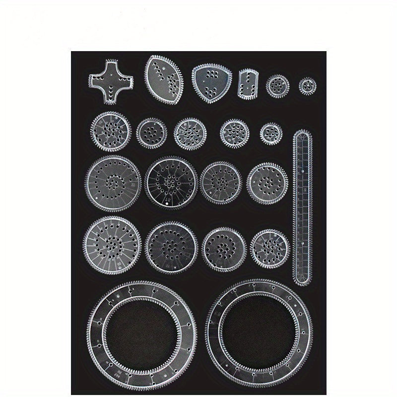 22-piece precision ruler set for intricate gear designs made of durable PC material with stencils, markers, and ideal for detailed drawing on black paper.