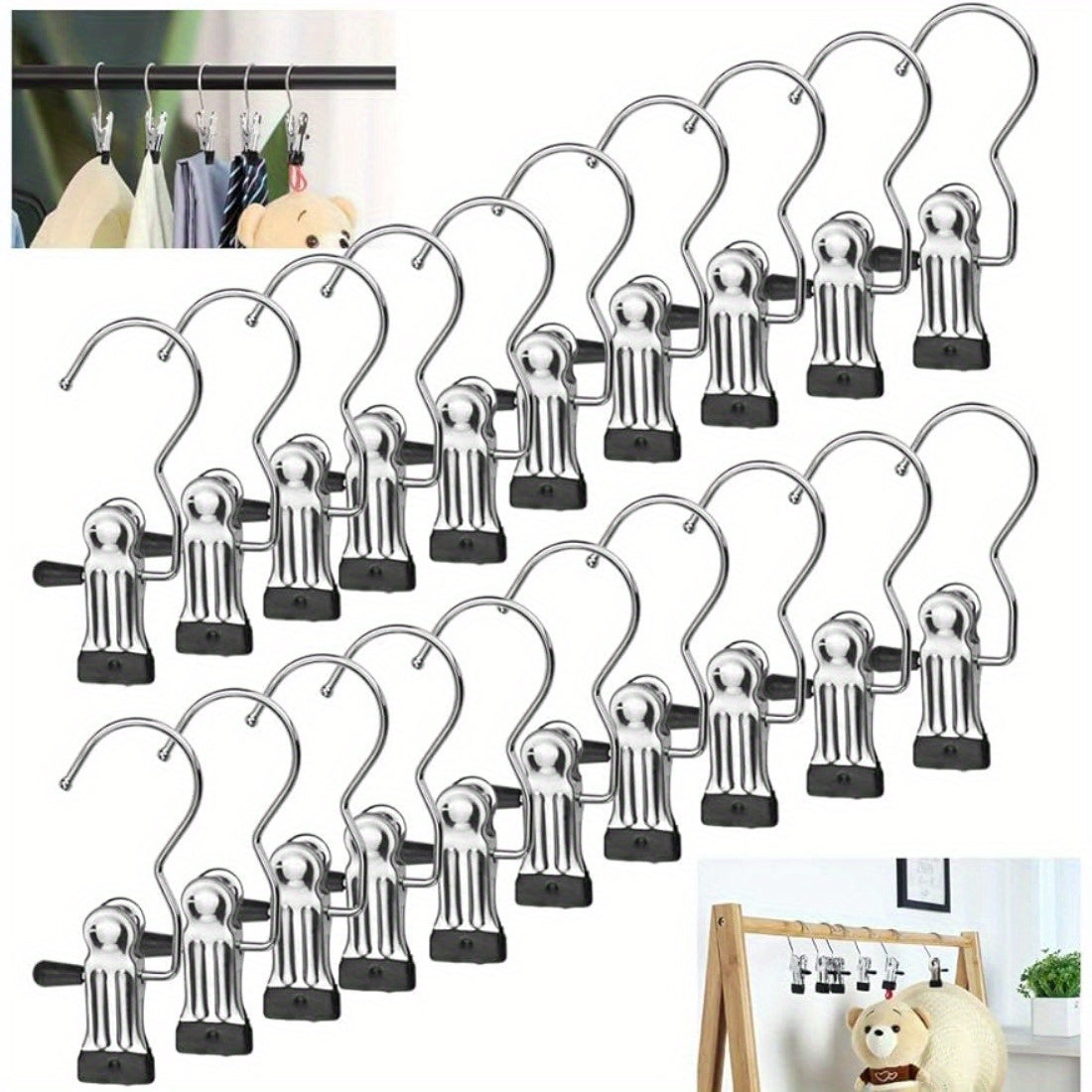 Get 20 portable laundry hooks with no-slip metal hangers for boots, single coat hangers, hat storage clips, and towel and sock clips for home and travel use.