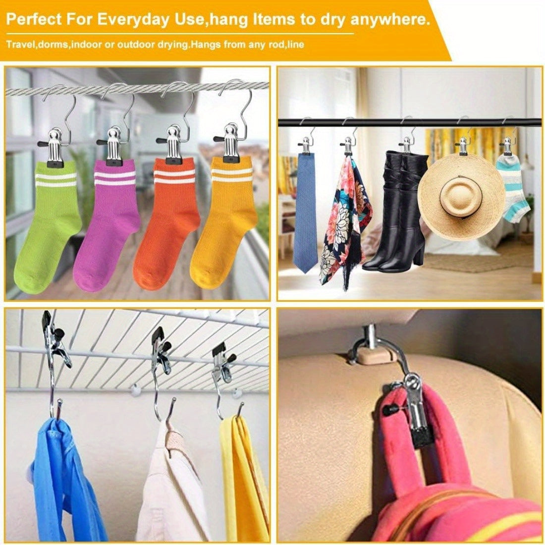 Get 20 portable laundry hooks with no-slip metal hangers for boots, single coat hangers, hat storage clips, and towel and sock clips for home and travel use.