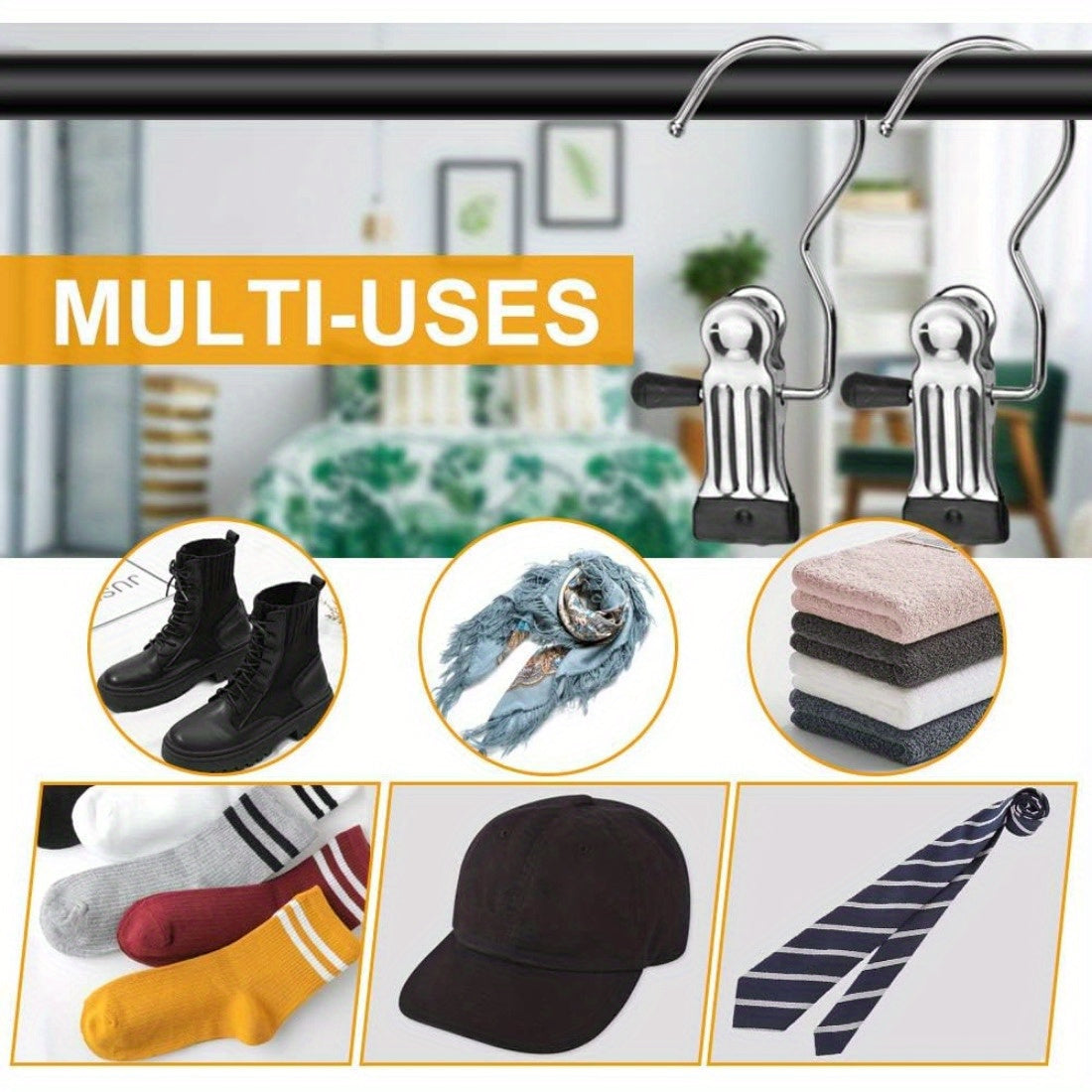 Get 20 portable laundry hooks with no-slip metal hangers for boots, single coat hangers, hat storage clips, and towel and sock clips for home and travel use.