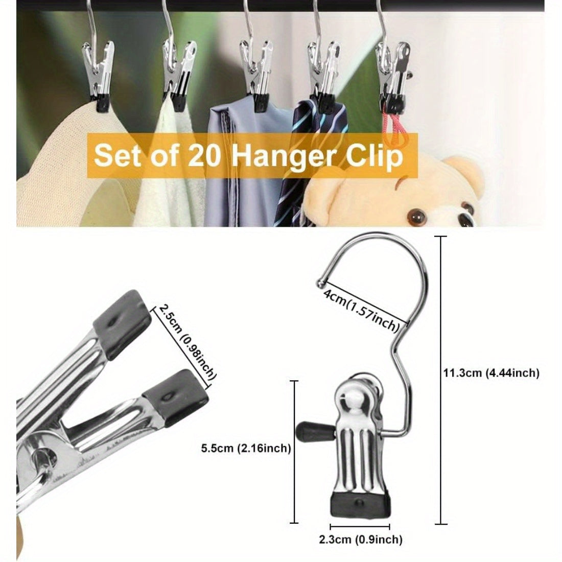 Get 20 portable laundry hooks with no-slip metal hangers for boots, single coat hangers, hat storage clips, and towel and sock clips for home and travel use.