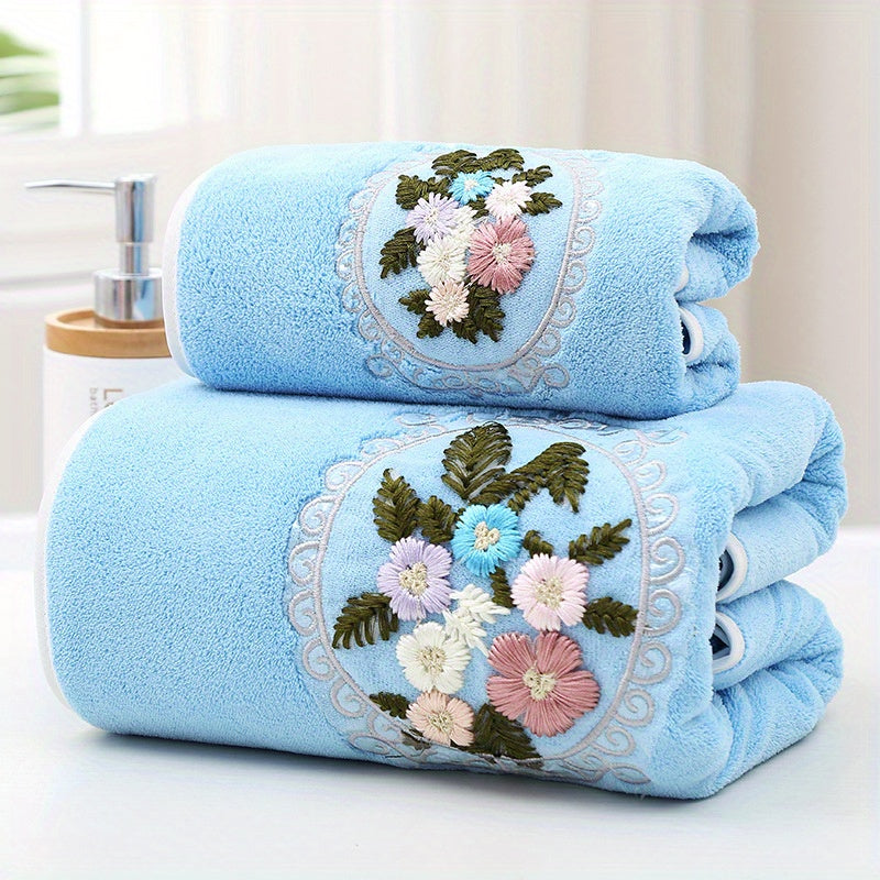 2 Coral Fleece Floral Embroidered Towels, Hand & Bath Towel Set, Absorbent, Quick-drying, Soft, Skin-friendly, Ideal for Home Bathroom.