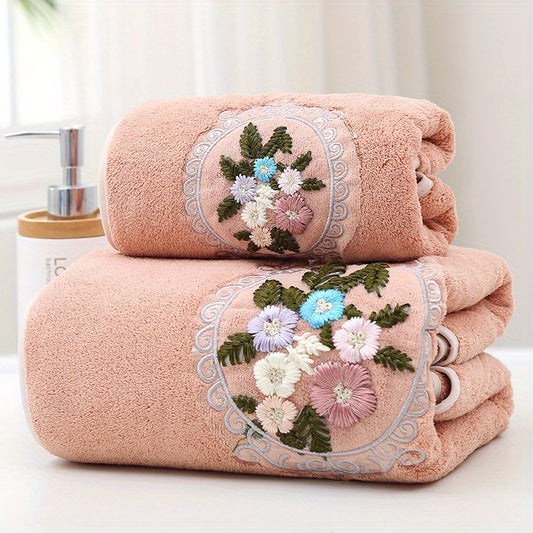 2 Coral Fleece Floral Embroidered Towels, Hand & Bath Towel Set, Absorbent, Quick-drying, Soft, Skin-friendly, Ideal for Home Bathroom.