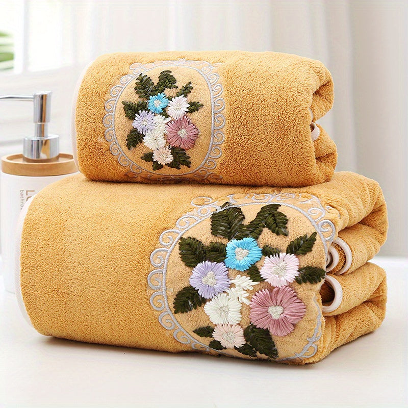 2 Coral Fleece Floral Embroidered Towels, Hand & Bath Towel Set, Absorbent, Quick-drying, Soft, Skin-friendly, Ideal for Home Bathroom.