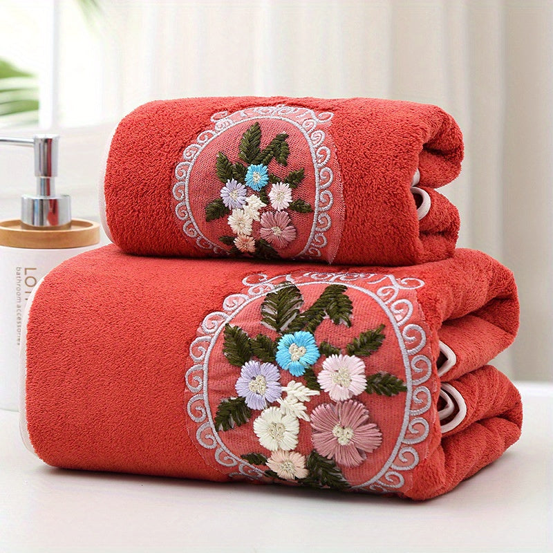 2 Coral Fleece Floral Embroidered Towels, Hand & Bath Towel Set, Absorbent, Quick-drying, Soft, Skin-friendly, Ideal for Home Bathroom.