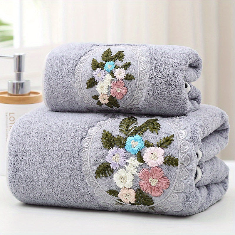 2 Coral Fleece Floral Embroidered Towels, Hand & Bath Towel Set, Absorbent, Quick-drying, Soft, Skin-friendly, Ideal for Home Bathroom.