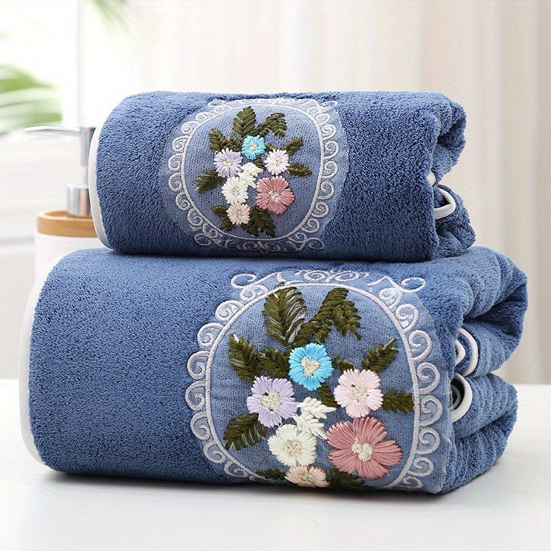 2 Coral Fleece Floral Embroidered Towels, Hand & Bath Towel Set, Absorbent, Quick-drying, Soft, Skin-friendly, Ideal for Home Bathroom.