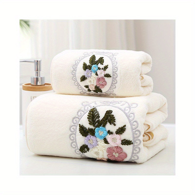 2 Coral Fleece Floral Embroidered Towels, Hand & Bath Towel Set, Absorbent, Quick-drying, Soft, Skin-friendly, Ideal for Home Bathroom.