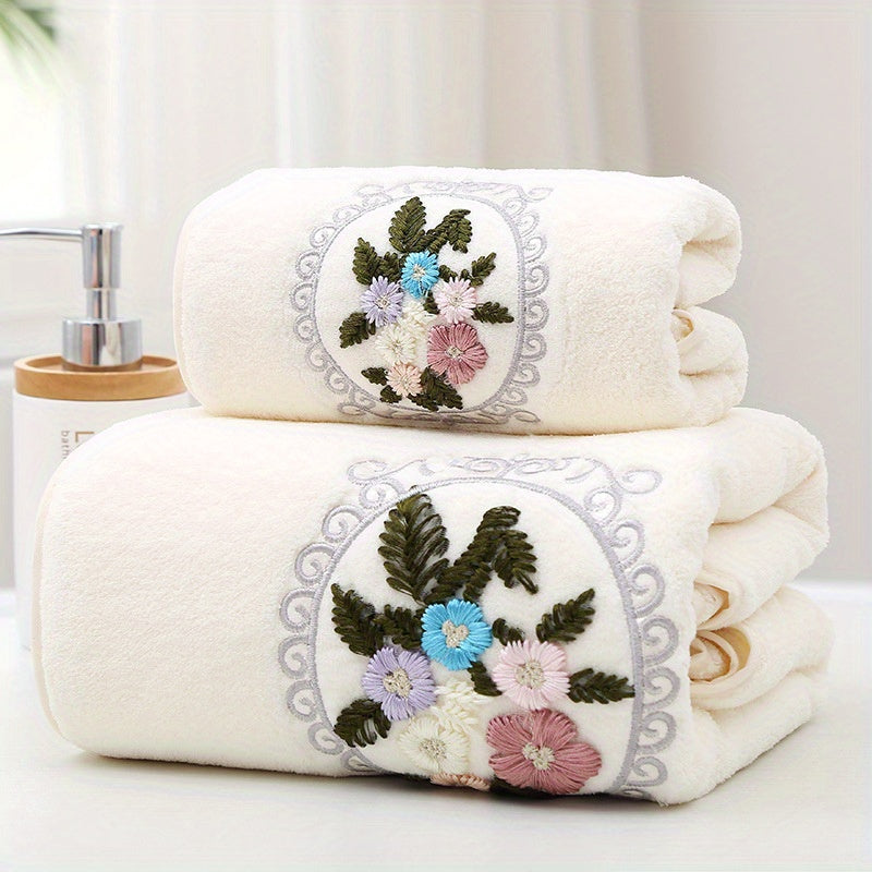 2 Coral Fleece Floral Embroidered Towels, Hand & Bath Towel Set, Absorbent, Quick-drying, Soft, Skin-friendly, Ideal for Home Bathroom.