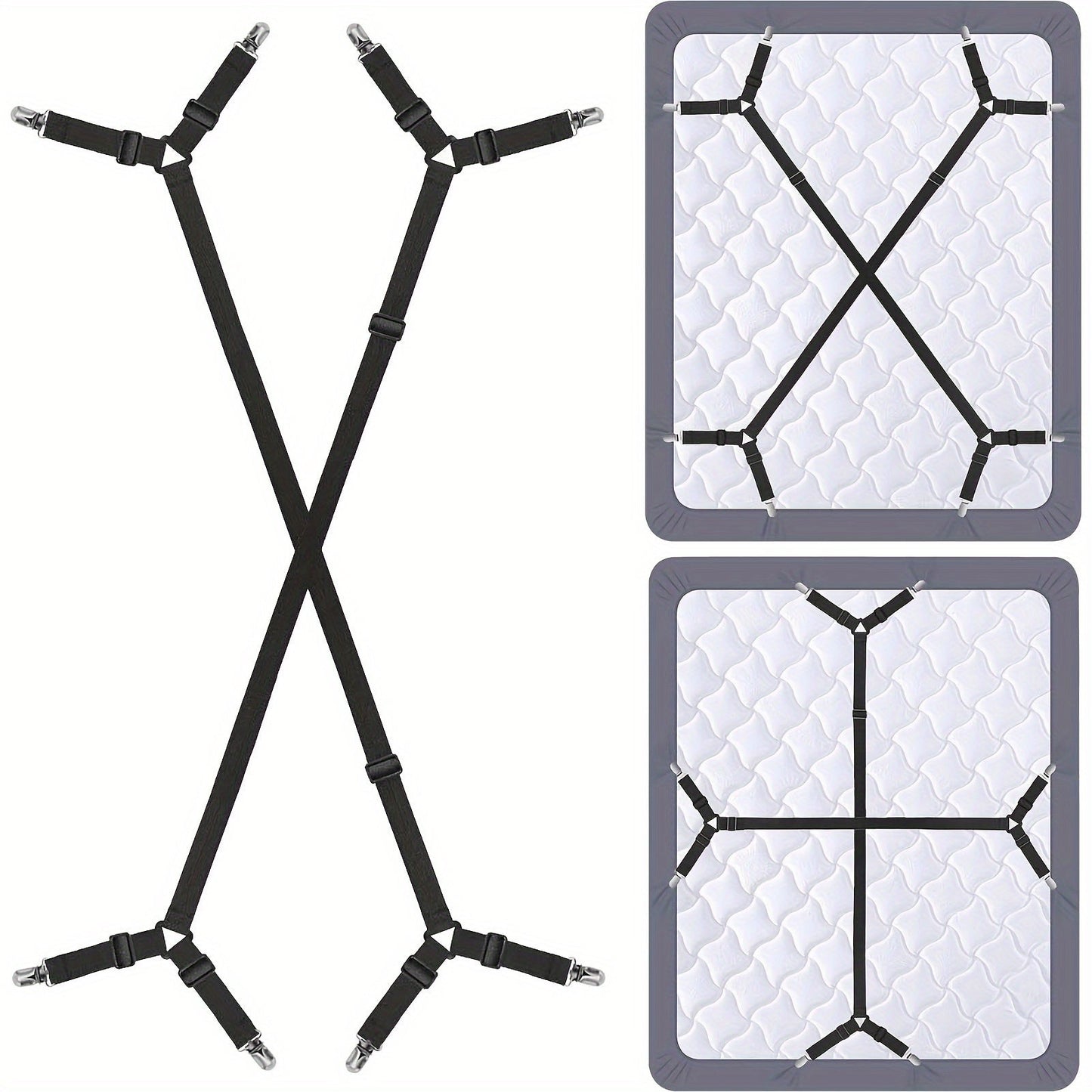 Set of 2 Adjustable Bed Sheet Straps - Secure Crisscross Gripper Suspenders, Elastic Triangle Fasteners for All Mattress Covers & Sheets, Strong & Simple to Use