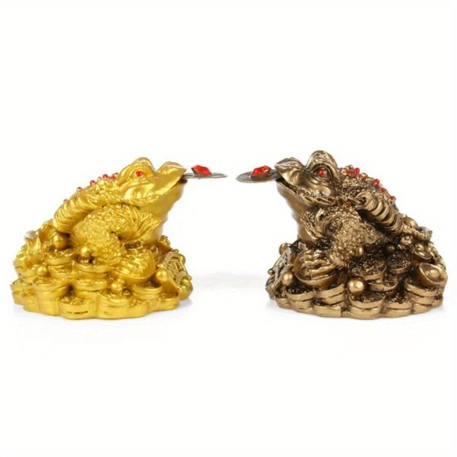 Resin Lucky Toad Ornament with Golden Coins - Chinese Wealth Symbol, Table Decor, 5x4.5x3.8cm