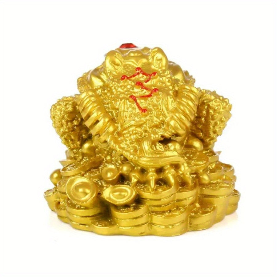 Resin Lucky Toad Ornament with Golden Coins - Chinese Wealth Symbol, Table Decor, 5x4.5x3.8cm