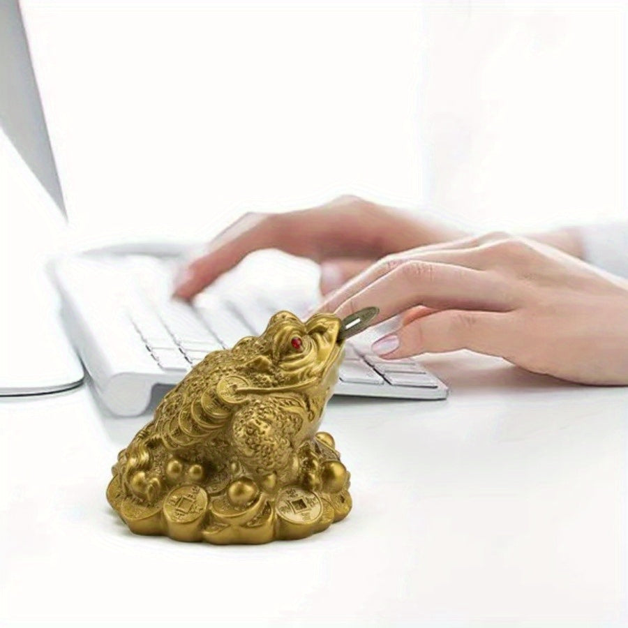 Resin Lucky Toad Ornament with Golden Coins - Chinese Wealth Symbol, Table Decor, 5x4.5x3.8cm