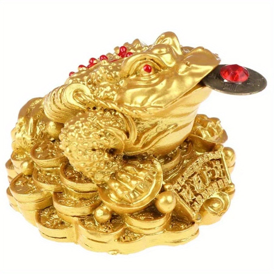 Resin Lucky Toad Ornament with Golden Coins - Chinese Wealth Symbol, Table Decor, 5x4.5x3.8cm