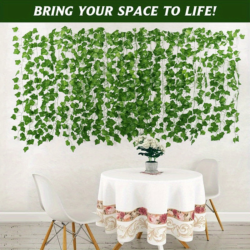 6 artificial hanging ivy vines, UV resistant, for indoor/outdoor use. Perfect for home decor, weddings, and spring/summer decorating.