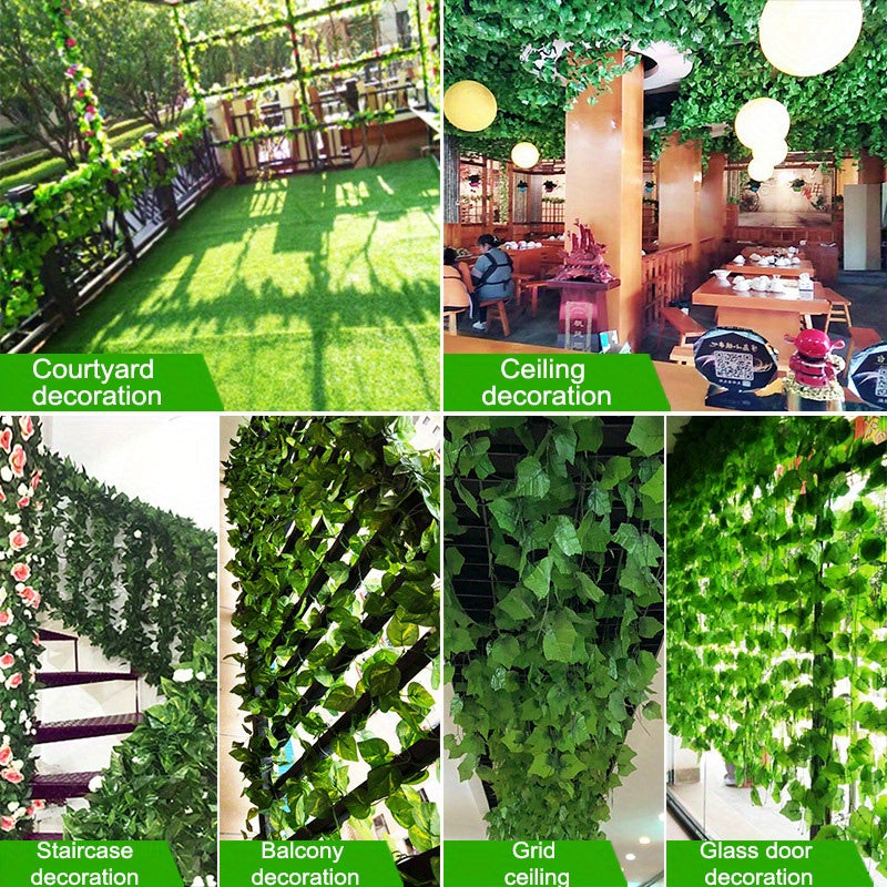 6 artificial hanging ivy vines, UV resistant, for indoor/outdoor use. Perfect for home decor, weddings, and spring/summer decorating.