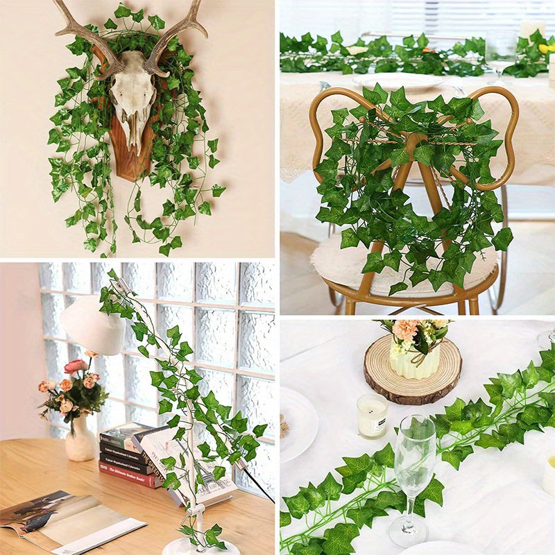 6 artificial hanging ivy vines, UV resistant, for indoor/outdoor use. Perfect for home decor, weddings, and spring/summer decorating.