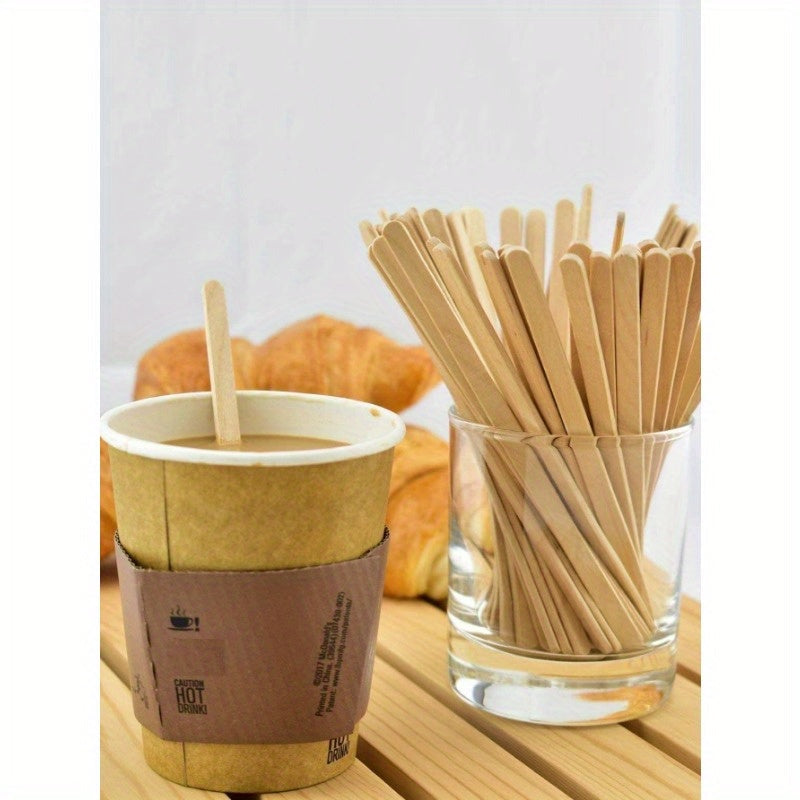 100 pieces of high-quality disposable wooden coffee stirrers with a round end for smooth mixing.