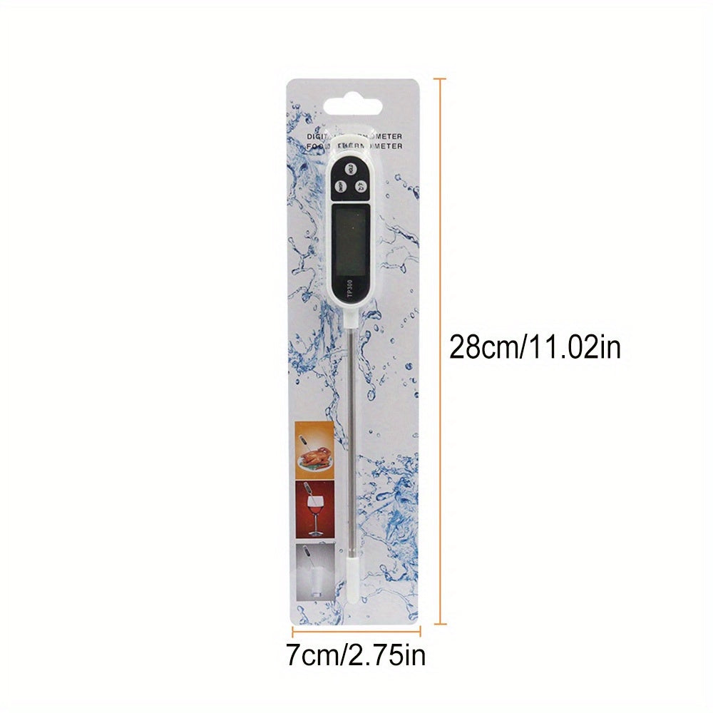 Stainless steel digital food thermometer TP300 with probe, ideal for BBQ, cooking, and baking. Dual display in Celsius & Fahrenheit, battery-operated kitchen tool.