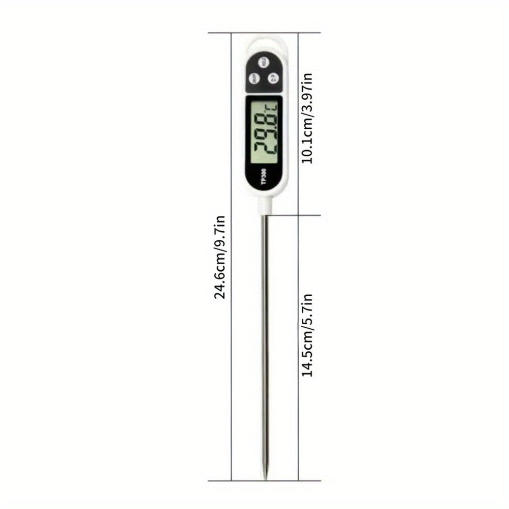 Stainless steel digital food thermometer TP300 with probe, ideal for BBQ, cooking, and baking. Dual display in Celsius & Fahrenheit, battery-operated kitchen tool.