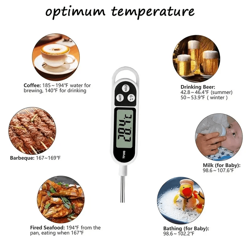 Stainless steel digital food thermometer TP300 with probe, ideal for BBQ, cooking, and baking. Dual display in Celsius & Fahrenheit, battery-operated kitchen tool.