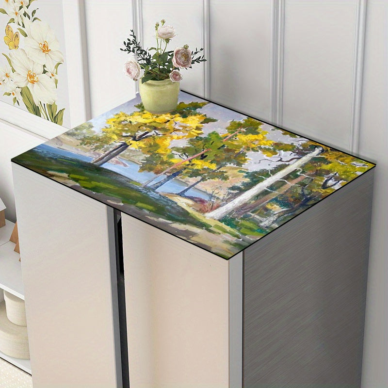 Water-absorbent quick-dry polyester dust cover mat for washing machine, featuring an oil painting forest design. Made from durable, stain-resistant synthetic fabric.