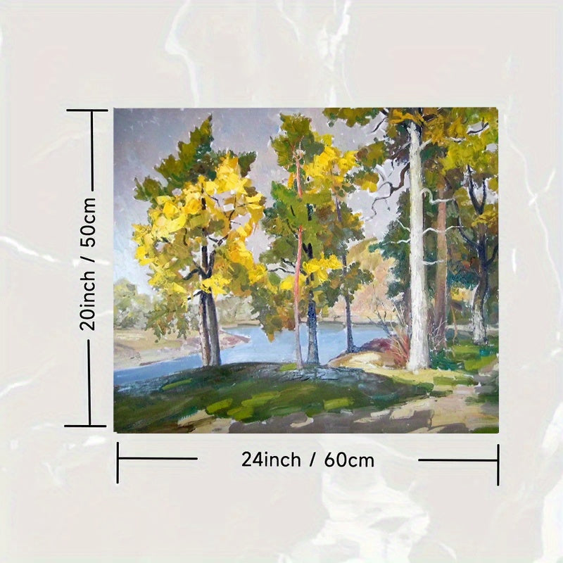 Water-absorbent quick-dry polyester dust cover mat for washing machine, featuring an oil painting forest design. Made from durable, stain-resistant synthetic fabric.