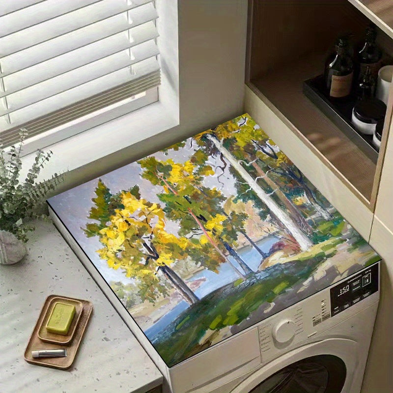 Water-absorbent quick-dry polyester dust cover mat for washing machine, featuring an oil painting forest design. Made from durable, stain-resistant synthetic fabric.