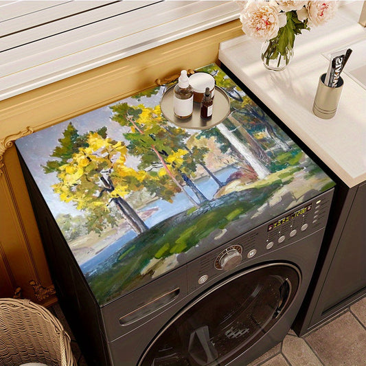 Water-absorbent quick-dry polyester dust cover mat for washing machine, featuring an oil painting forest design. Made from durable, stain-resistant synthetic fabric.