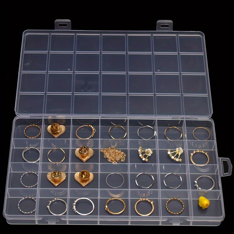 Clear plastic jewelry storage box with snap closure for rings, earrings, and necklaces. Classic style with no power needed. Can be used for multiple purposes.