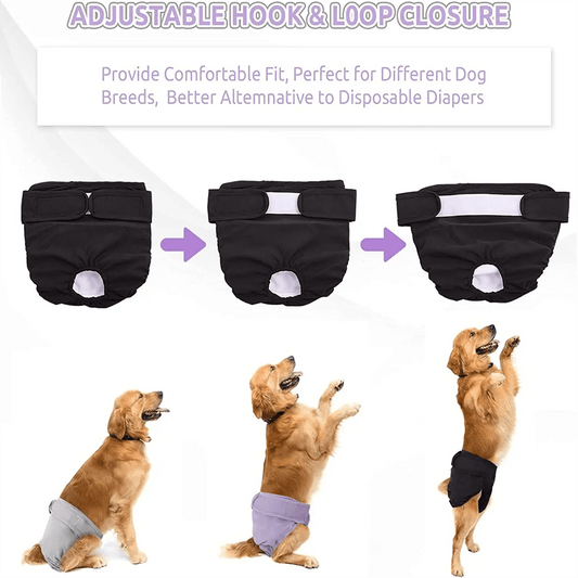 High-quality reusable female dog diapers with adjustable snaps for a comfortable fit. Ideal for dogs in heat or with incontinence. Washable and suitable for various breeds.