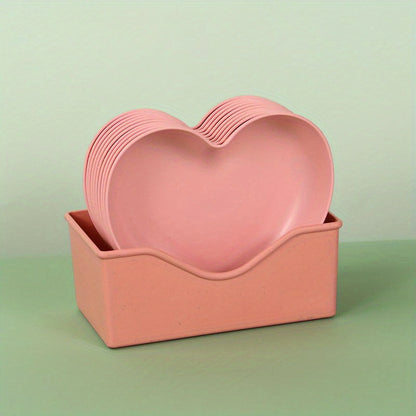 5-piece set of heart-shaped plastic snack dishes with storage box, perfect for serving fruit, desserts, and cake in the kitchen.