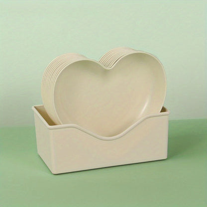 5-piece set of heart-shaped plastic snack dishes with storage box, perfect for serving fruit, desserts, and cake in the kitchen.